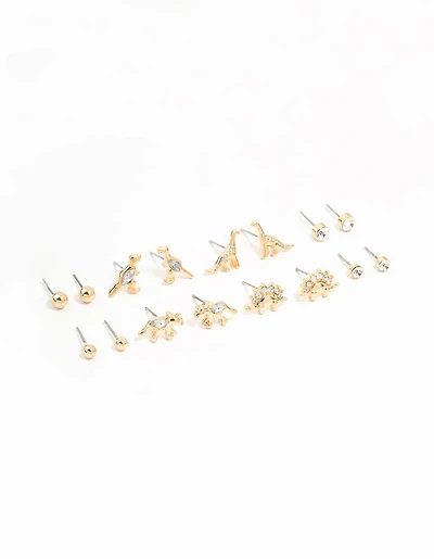 Gold Dinosaur & Diamante Stud Earrings 8-Pack