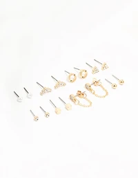 Gold Stud & Chain Diamante Earrings 8-Pack