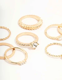 Gold Mixed Diamante & Chunky Style Rings 8-Pack