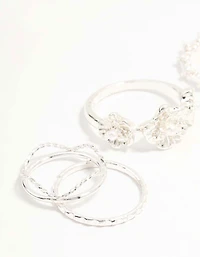 Bagues de fleurs argentées torsadées, élégantes et diamants en paquet 6