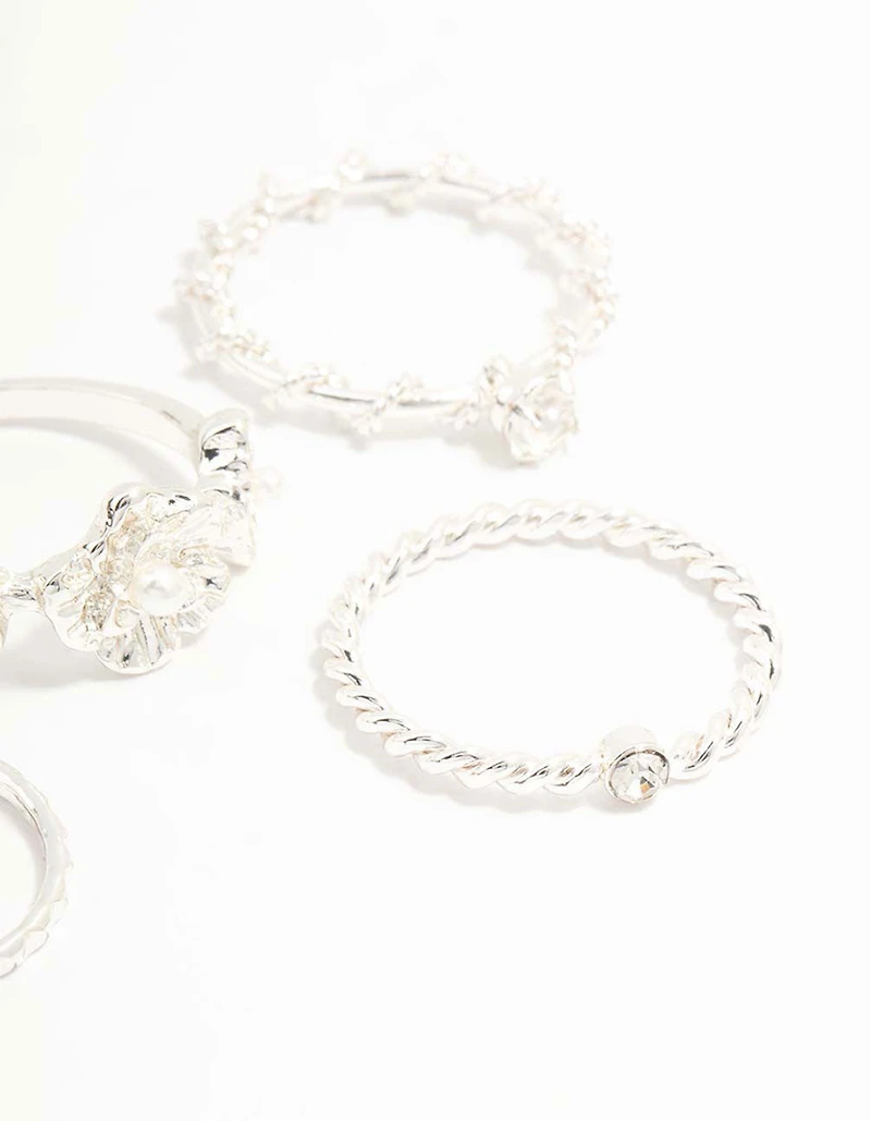 Silver Twisted, Sleek & Diamante Flower Style Rings 6-Pack