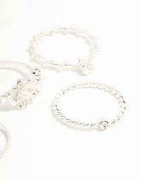 Silver Twisted, Sleek & Diamante Flower Style Rings 6-Pack