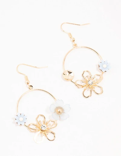 Gold Acrylic Blue Flower Round Drop Earrings