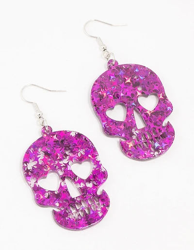 Boucles d’oreilles en acrylique violette en forme de crâne