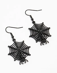 Black Coated Metal Spider Web & Spider Drop Earrings