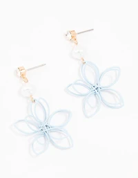 Blue Coated Metal Wire Flower Pearl Drop Earrings