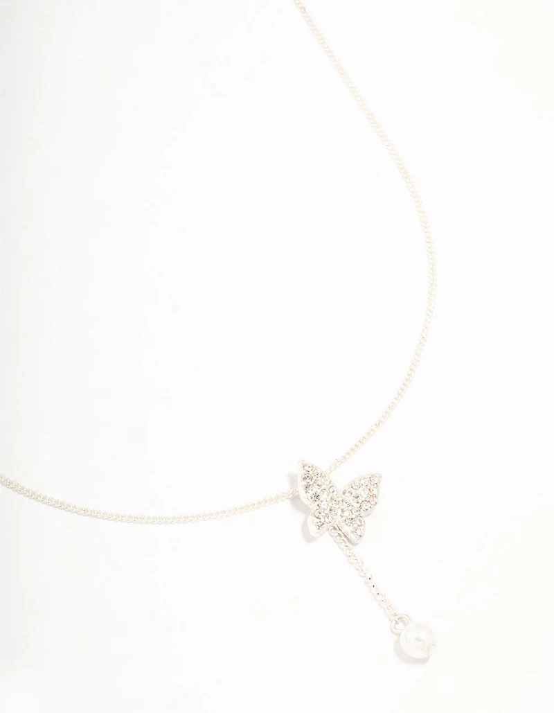 Silver Diamante Butterfly & Pearl Y-Necklace
