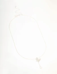 Silver Diamante Butterfly & Pearl Y-Necklace