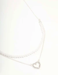 Silver Pearl & Diamante Heart Layered Necklace