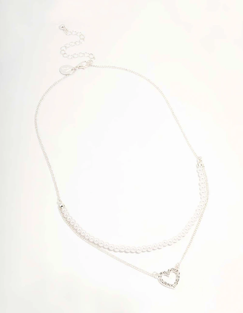Silver Pearl & Diamante Heart Layered Necklace