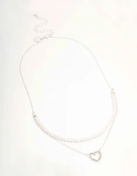 Silver Pearl & Diamante Heart Layered Necklace