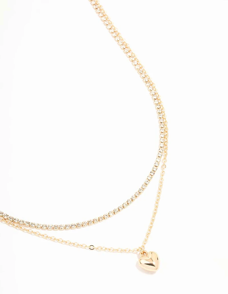Gold Diamante & Puffy Heart Layered Necklace