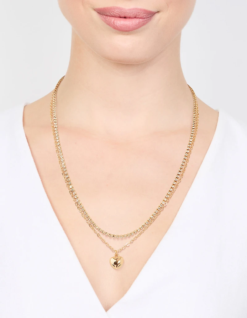 Gold Diamante & Puffy Heart Layered Necklace