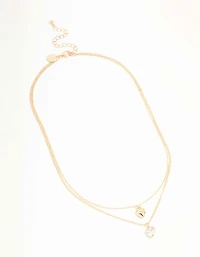 Gold Puffy Heart & Diamante Layered Necklace