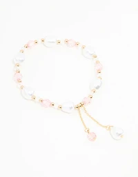 Pink & Gold Beads & Pearls Stretch Bracelet