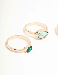 Green Diamante Gold Rings 3-Pack