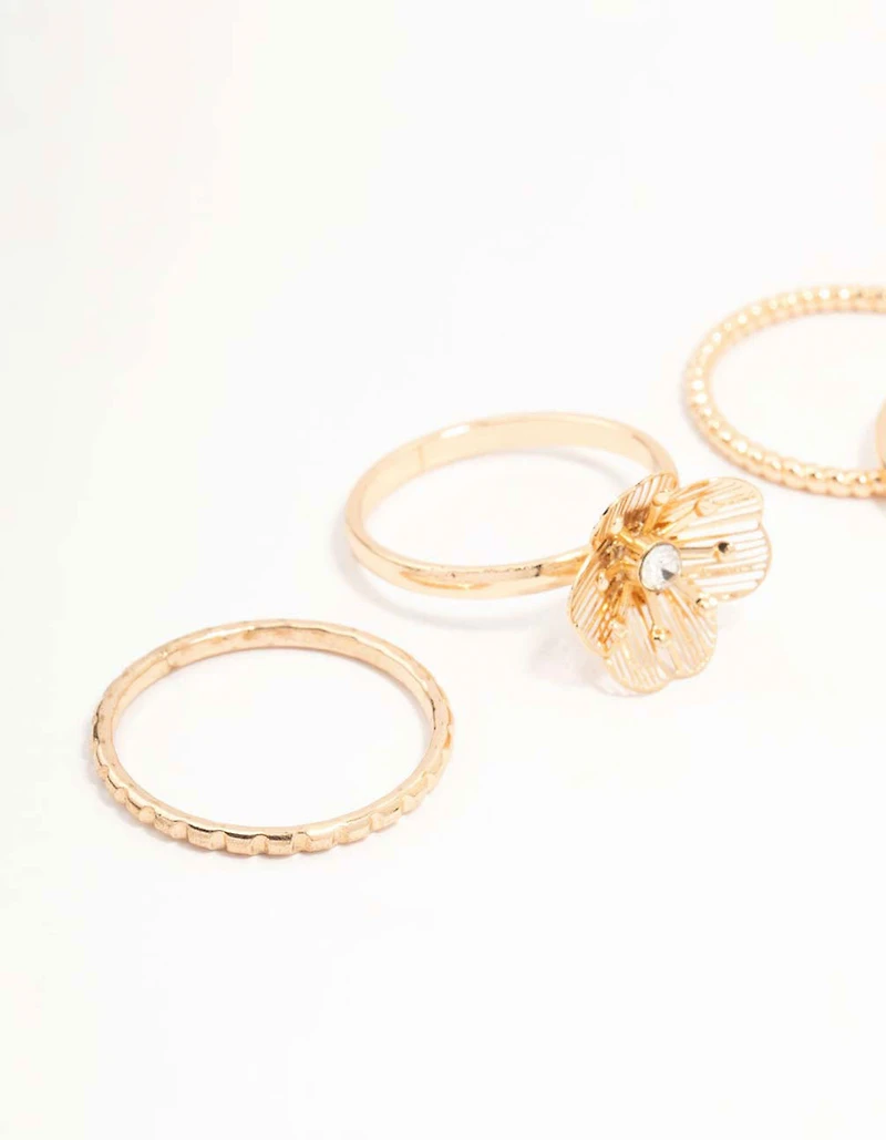 Gold Diamante Wire Flower Rings 4-Pack