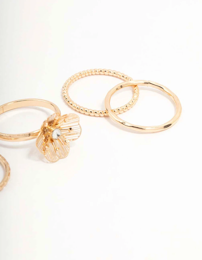 Gold Diamante Wire Flower Rings 4-Pack