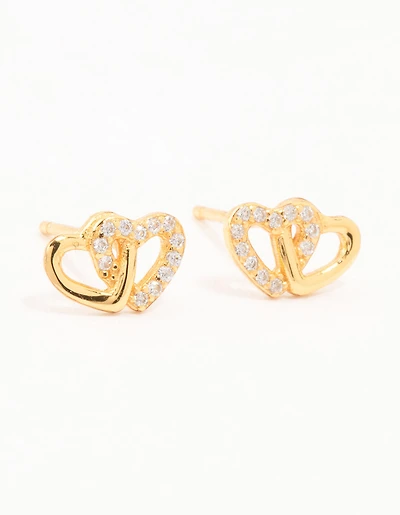 Gold Plated Sterling Silver Heart Cubic Zirconia Stud Earrings