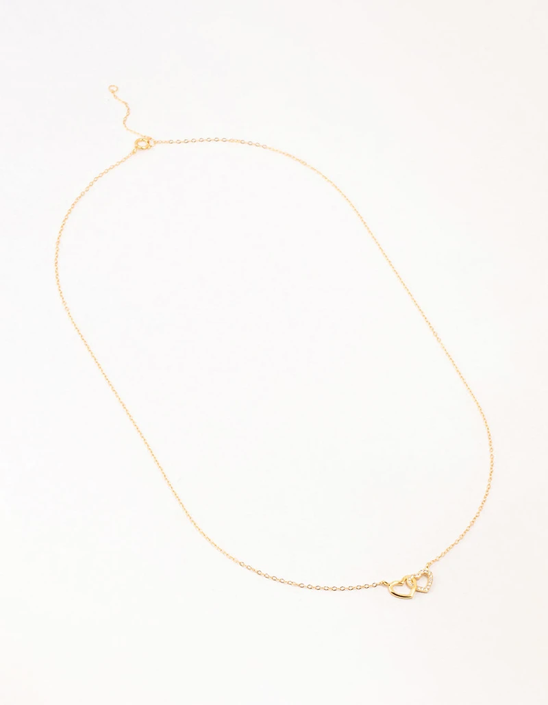 Gold Plated Sterling Silver Double Heart Cubic Zirconia Necklace