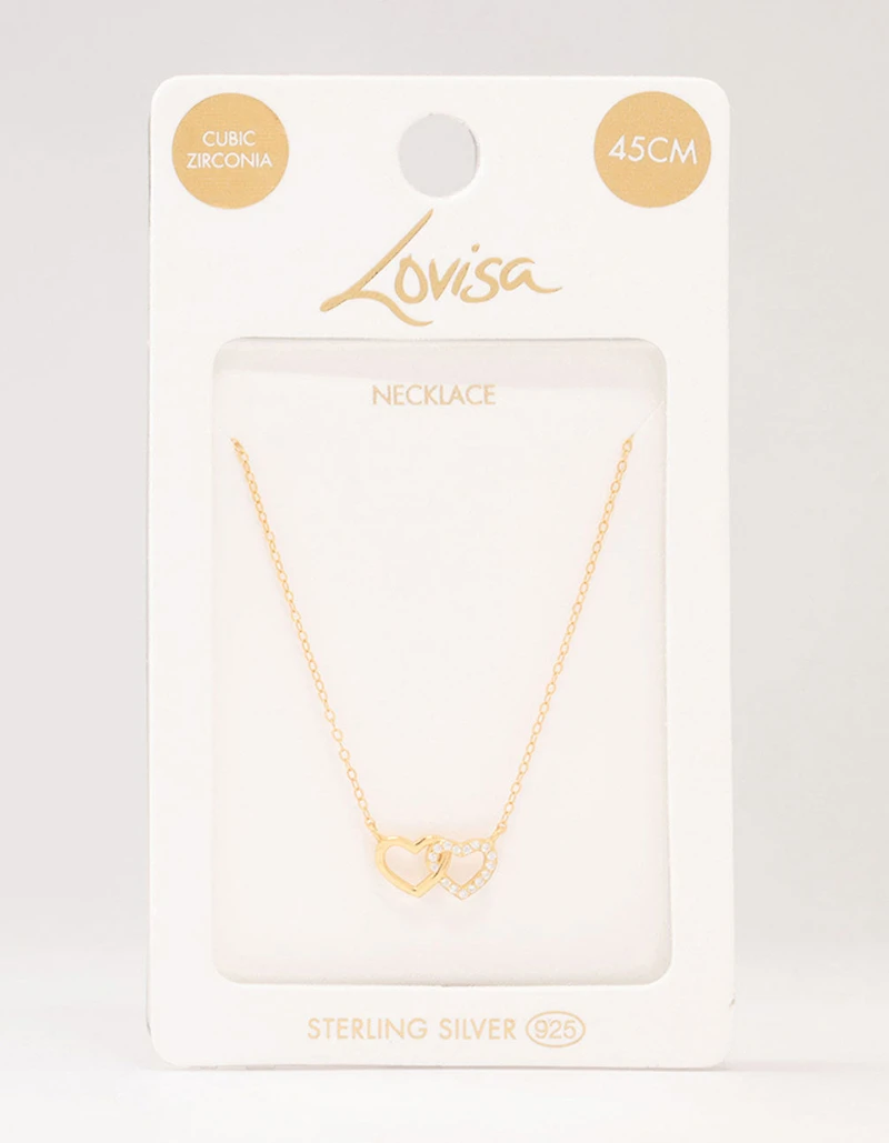 Gold Plated Sterling Silver Double Heart Cubic Zirconia Necklace