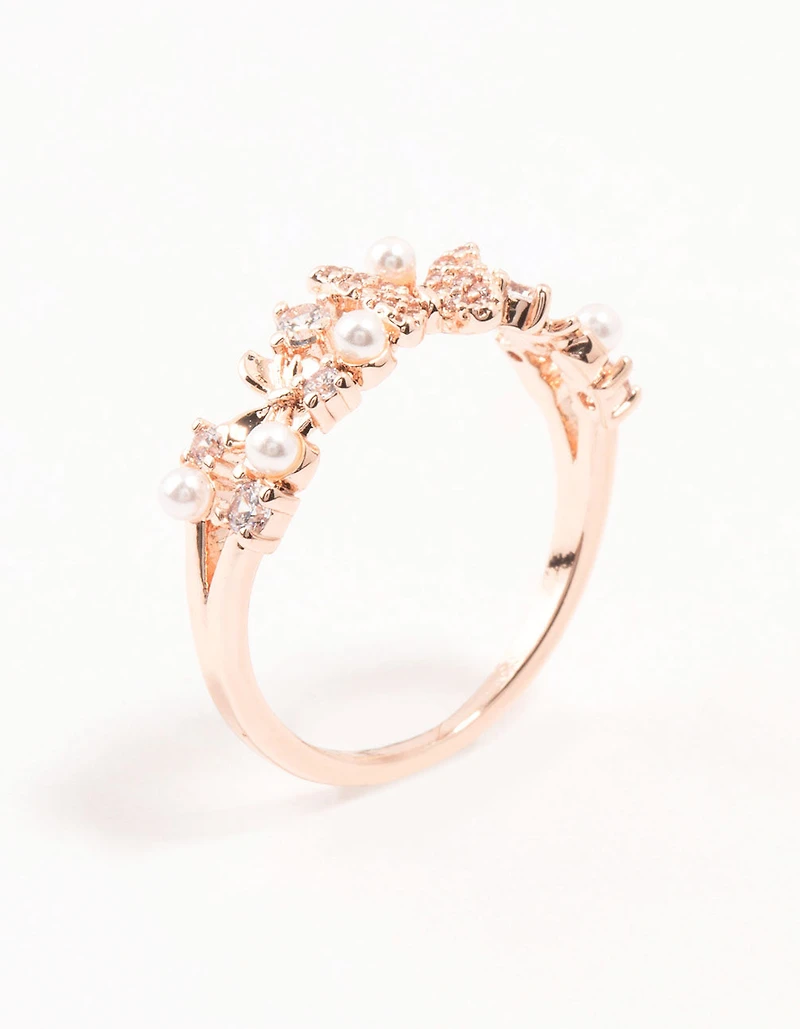 Rose Plated Gold Butterfly Pearl Band Ring