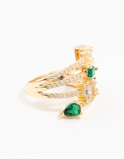 Anneau cubique vert doré en forme mixte enveloppé de zircone
