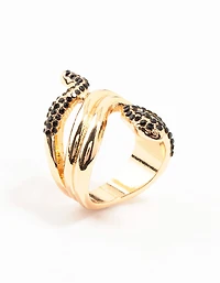 Black Diamante & Gold Stacked Snake Ring