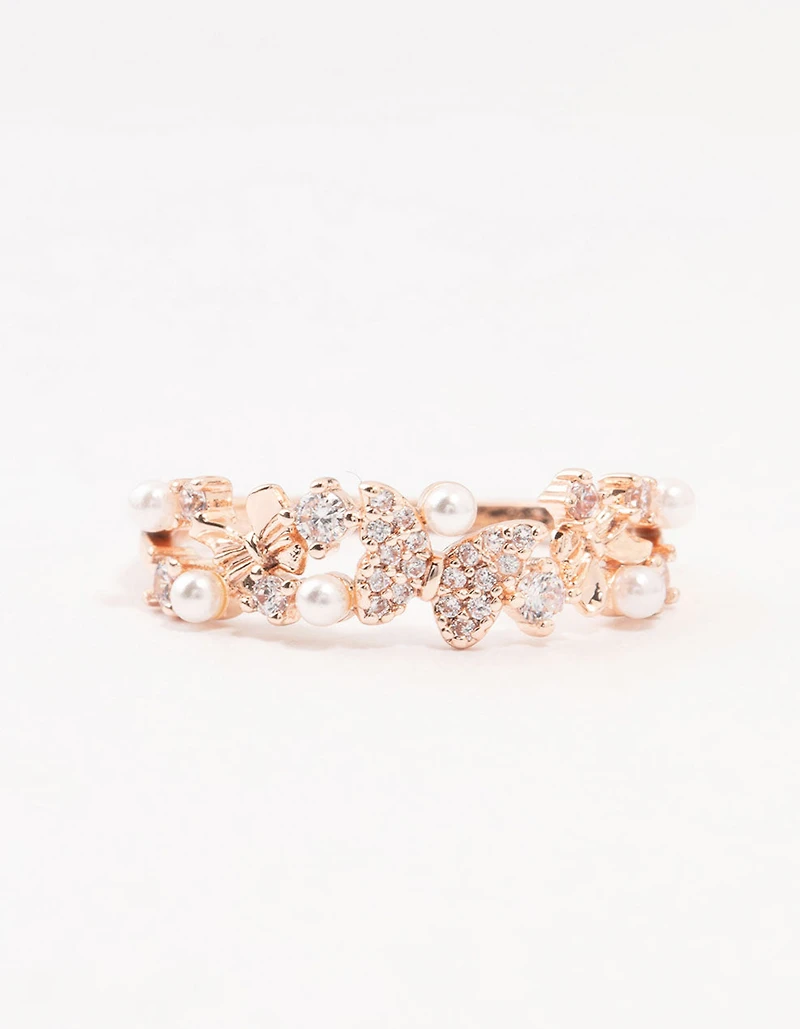 Rose Plated Gold Butterfly Pearl Band Ring