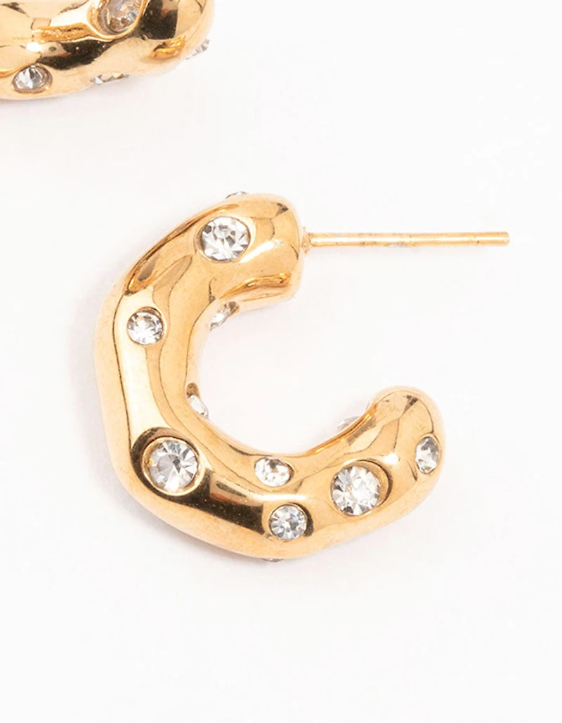 Waterproof Gold Plated Stainless Steel Crystal Molten Hoop Earrings