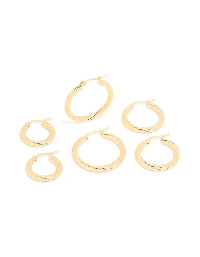 Waterproof Gold Plated Stainless Steel Twisted Hoop Earrings 3-Pack