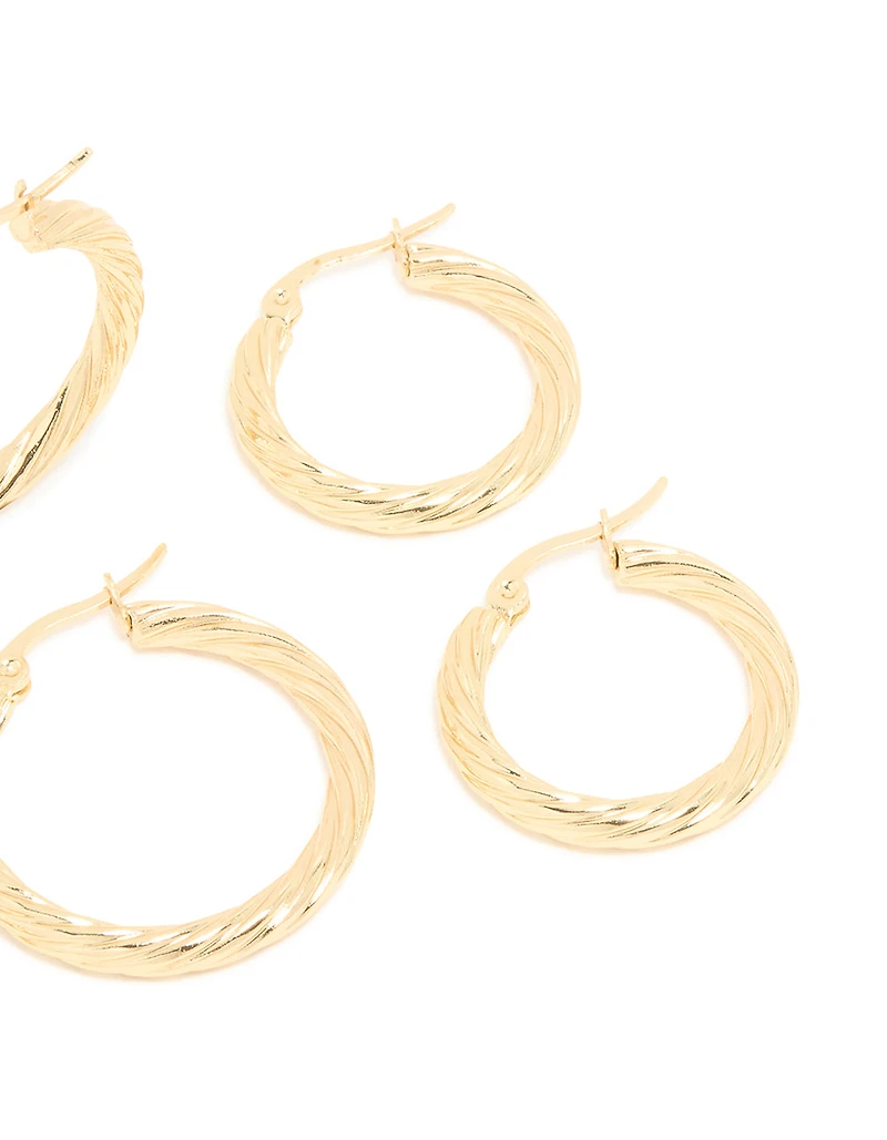 Waterproof Gold Plated Stainless Steel Twisted Hoop Earrings 3-Pack
