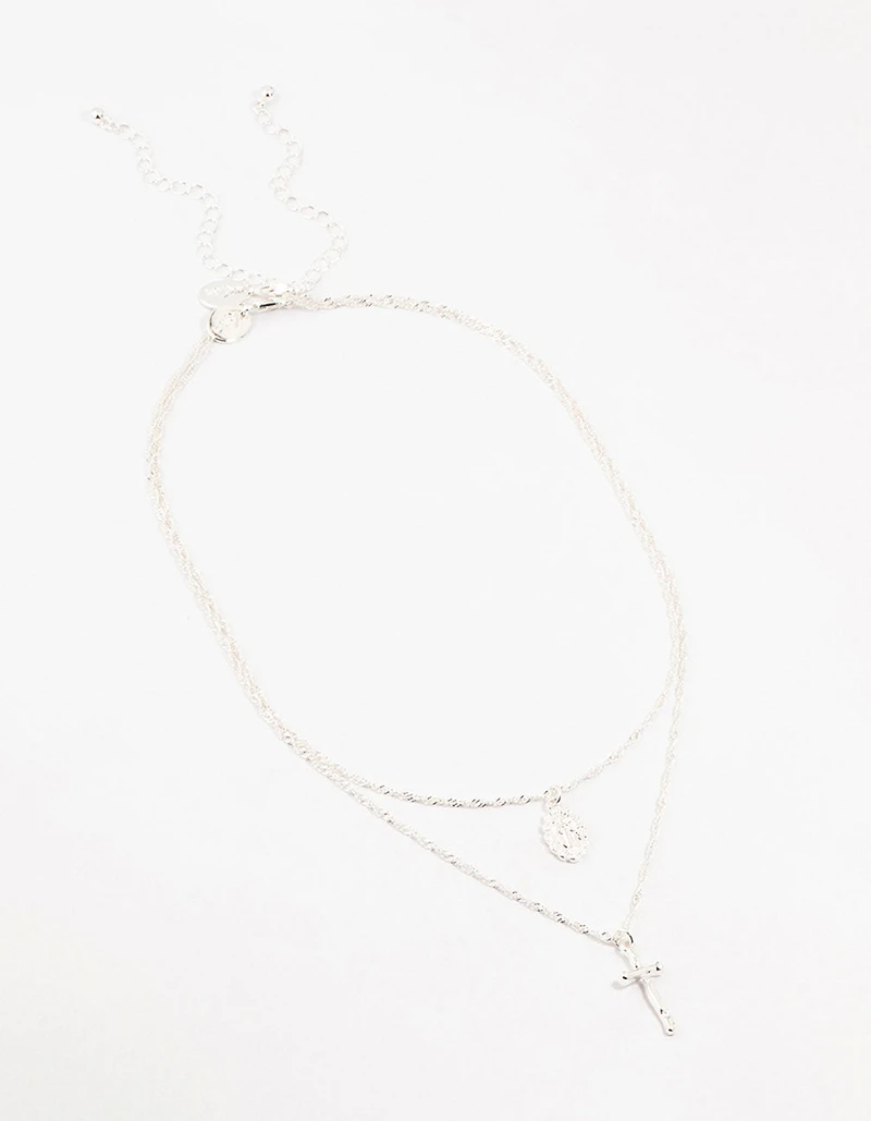 Silver Plated Mary Hammered Cross Necklaces 2-Pack