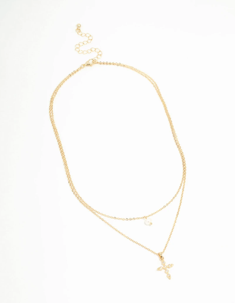 Gold Plated Pearl Diamante Cross Necklaces 2-Pack