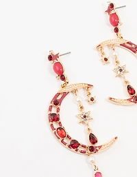 Gold Celestial Red  Stone Drop Earrings