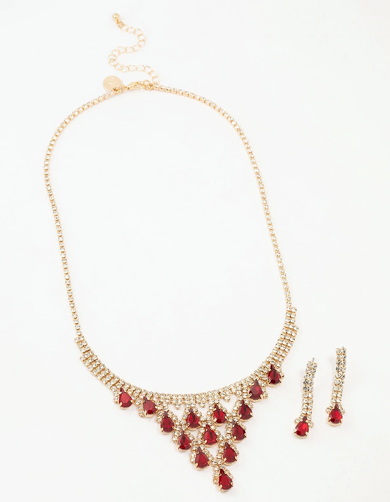 Collier et ensemble de boucles d’oreilles en cascade en forme de goutte d’or en Diamant