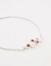 Pink Czech Bohemia Crystal Silver & Pearl Cluster Toggle Bracelet