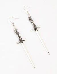 Antique Silver Floral Sword Drop Earrings