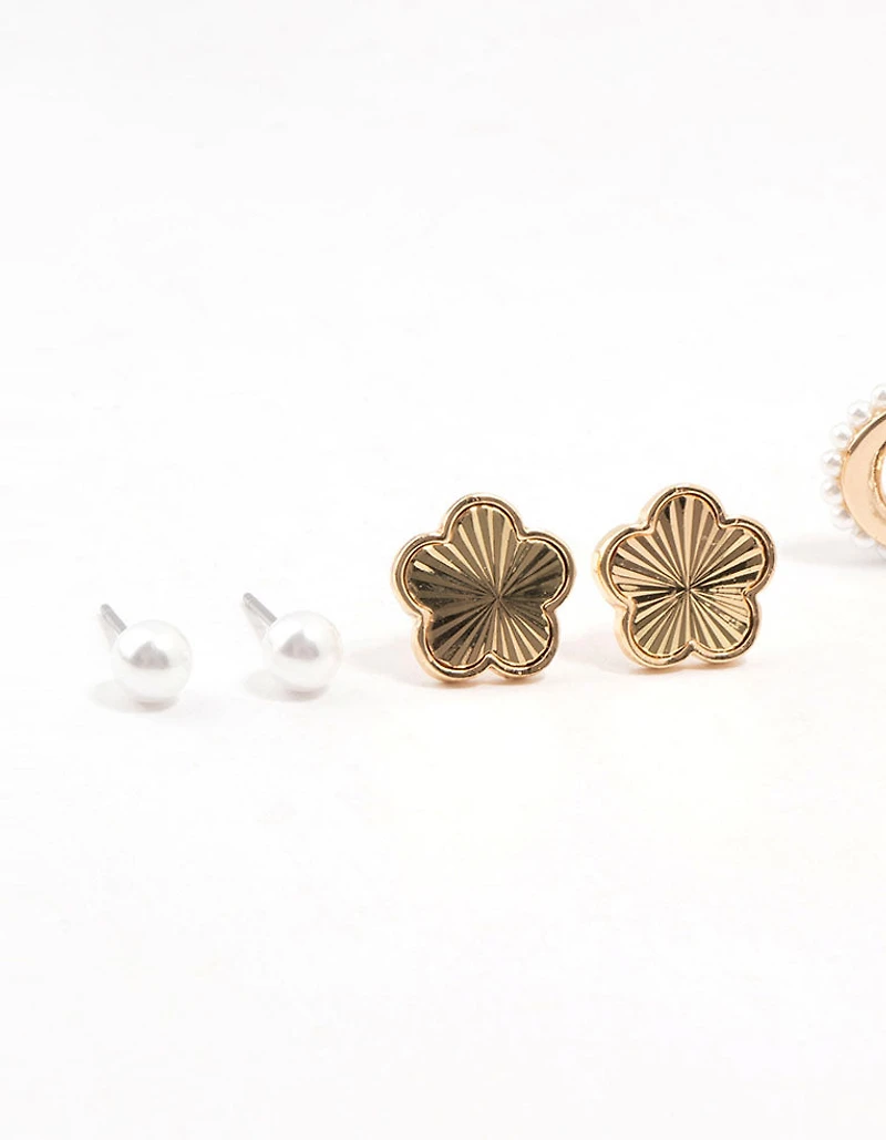 Gold Plated Pearl & Flower Earrings 4-Pack