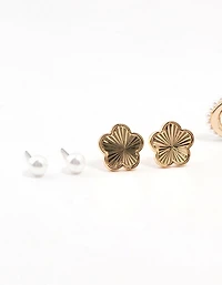 Gold Plated Pearl & Flower Earrings 4-Pack