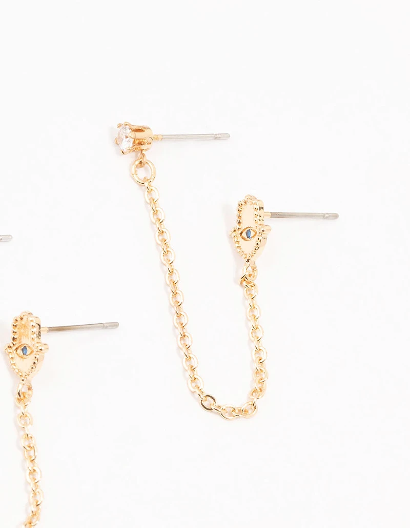 Gold Evil Eye & Hamsa Hand Chain Earrings 3-Pack