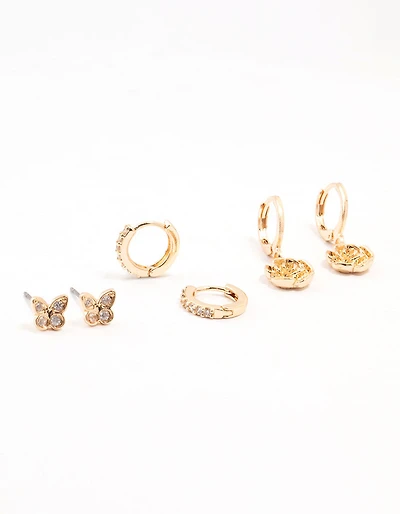 Gold Cubic Zirconia Butterfly & Flower Earrings 3-Pack