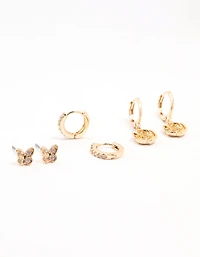 Gold Cubic Zirconia Butterfly & Flower Earrings 3-Pack