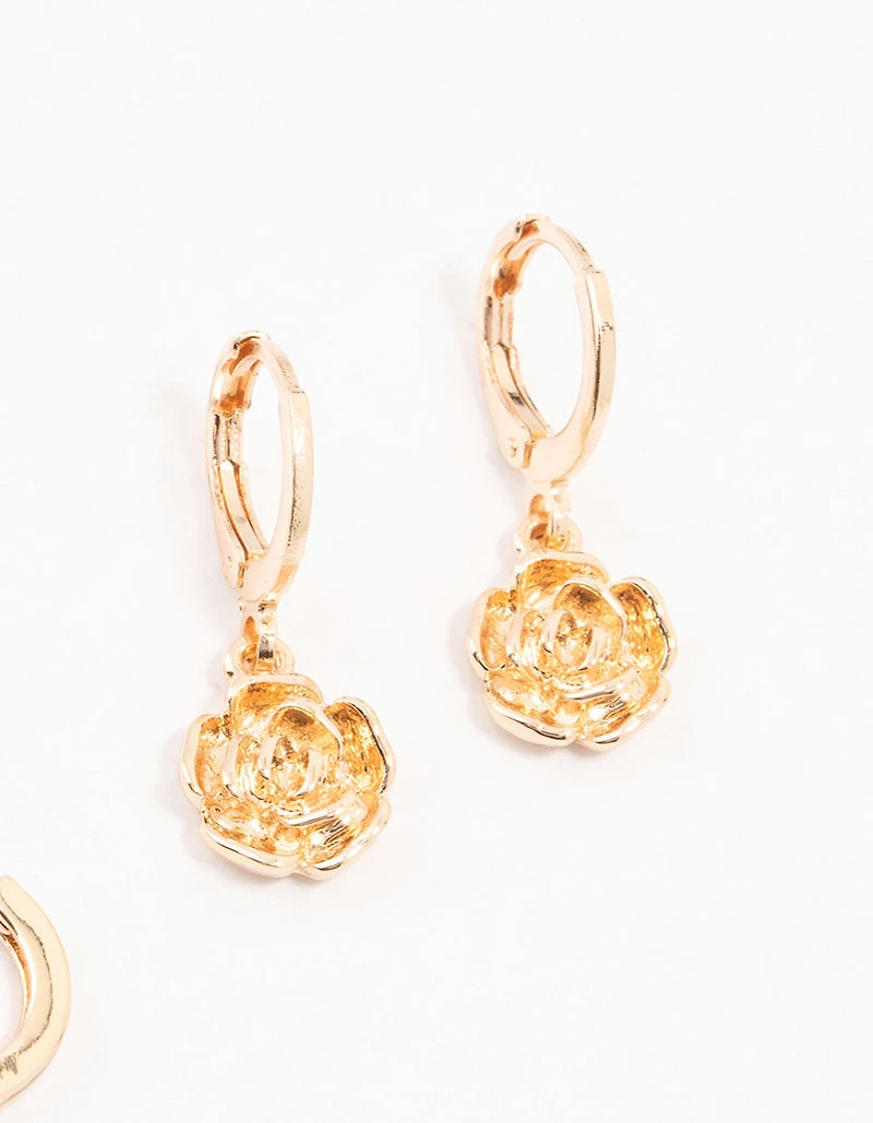 Gold Cubic Zirconia Butterfly & Flower Earrings 3-Pack