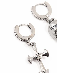 Gunmetal Diamante Cross & Skull Huggie Earrings