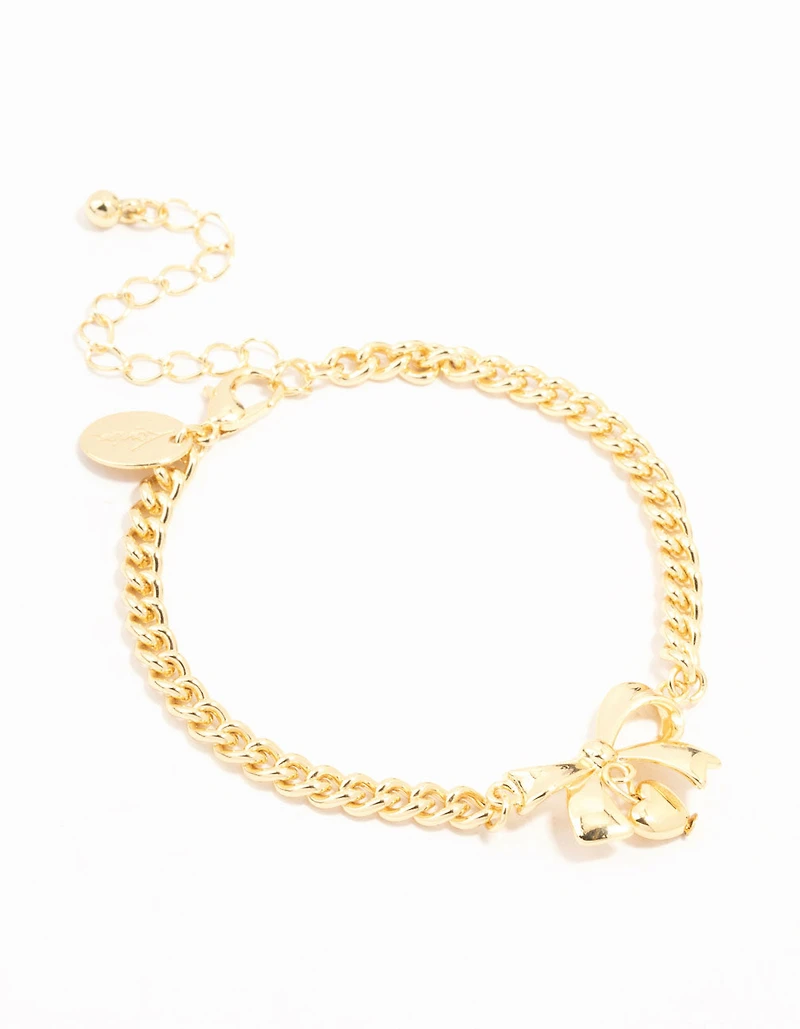 Gold Plated Brass Bow With Heart Charm Toggle Bracelet