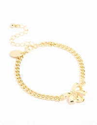 Gold Plated Brass Bow With Heart Charm Toggle Bracelet