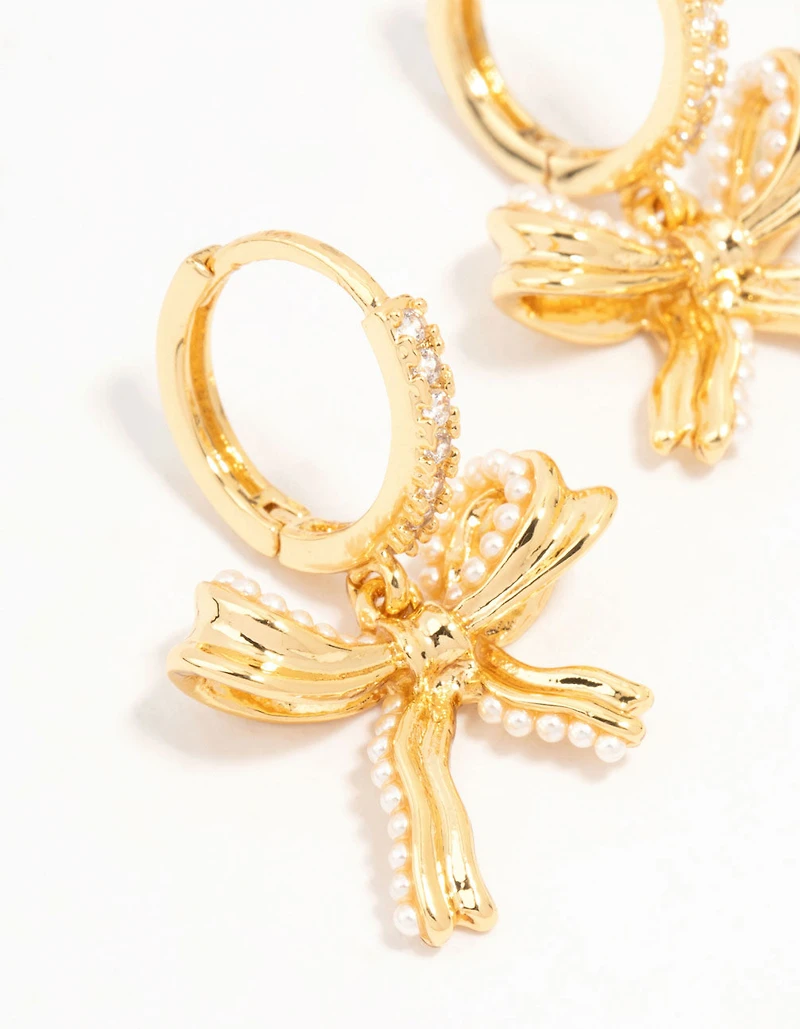 Gold Plated Brass Freshwater Pearl Encrusted Bow Drop Huggie Earrings