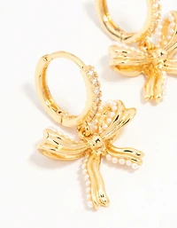 Gold Plated Brass Freshwater Pearl Encrusted Bow Drop Huggie Earrings