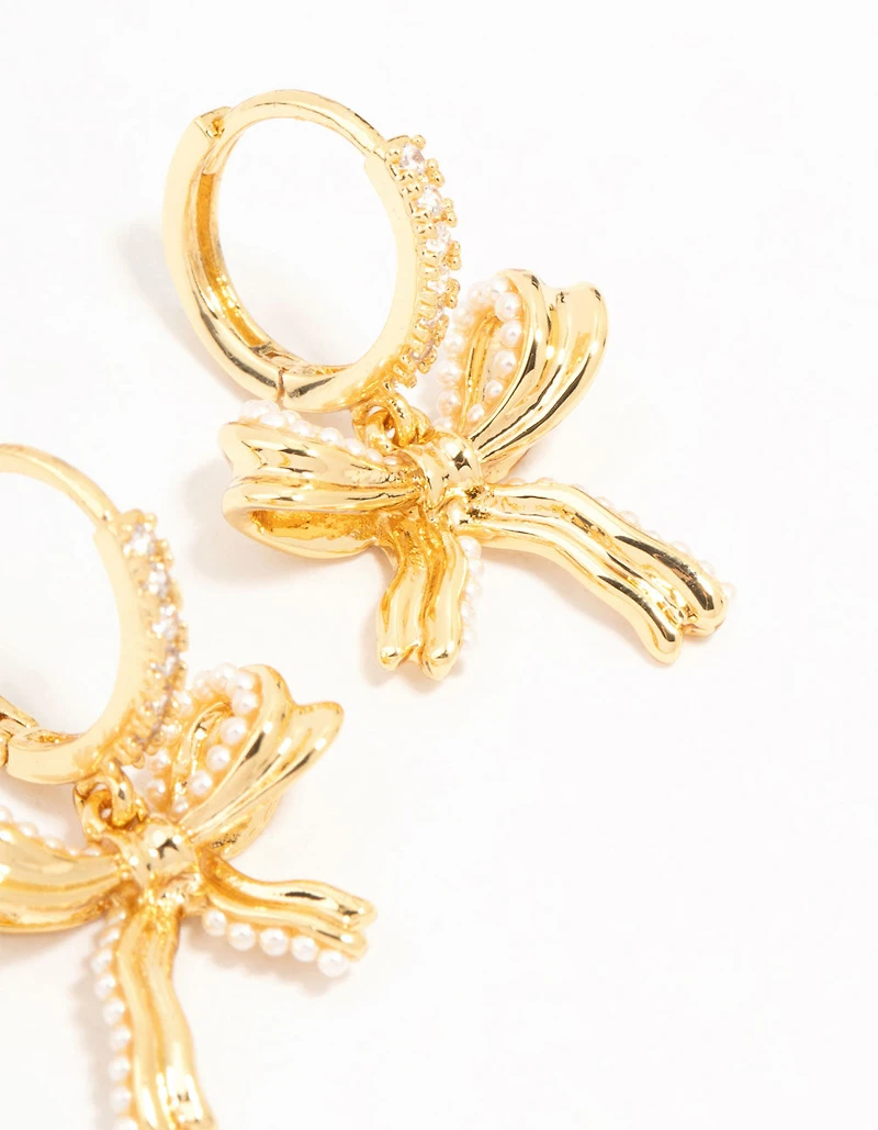 Gold Plated Brass Freshwater Pearl Encrusted Bow Drop Huggie Earrings